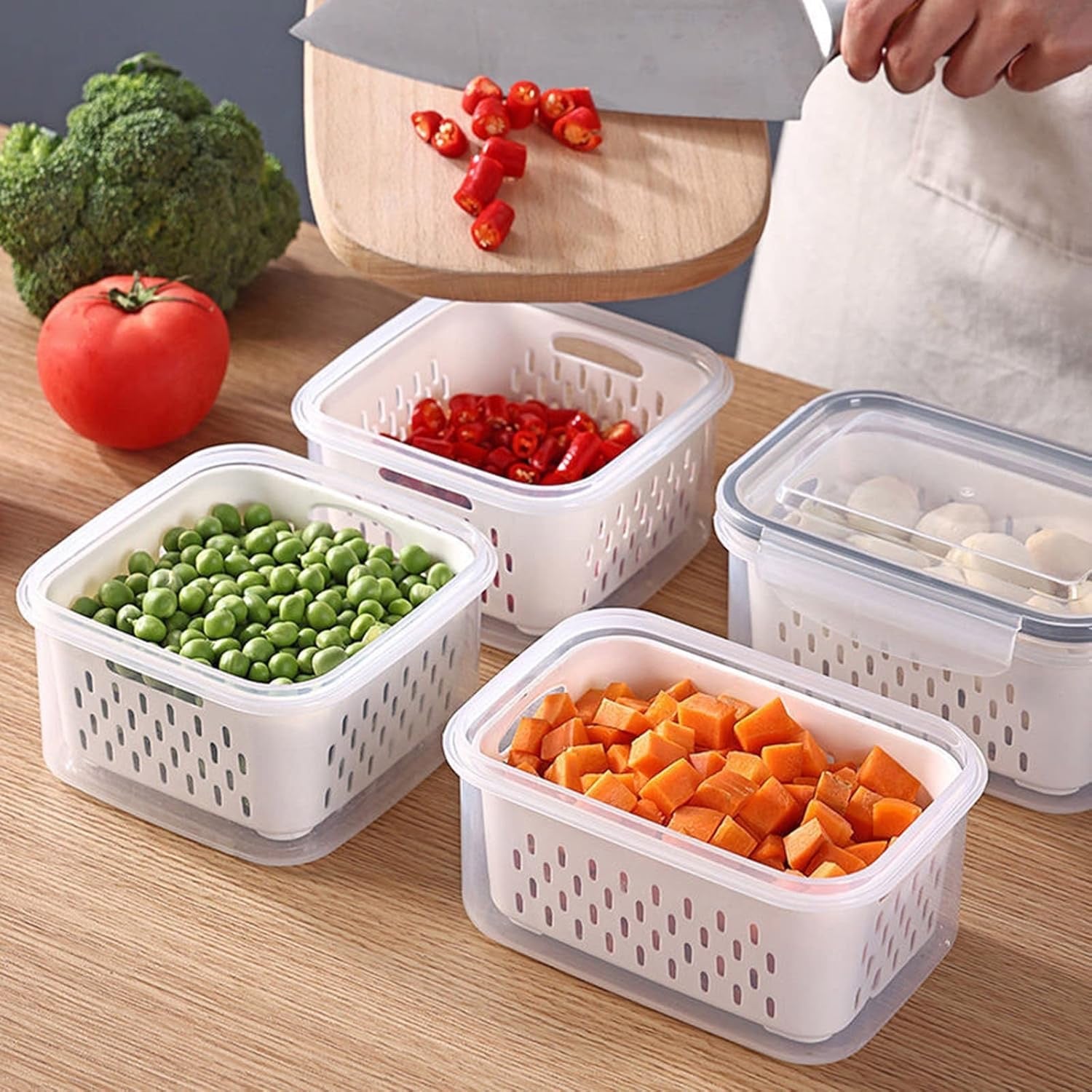 Boîte de conservation de la fraîcheur pour réfrigérateur - Double couche - Égouttoir à oignons - Récipients à ail de qualité alimentaire - Casseto
